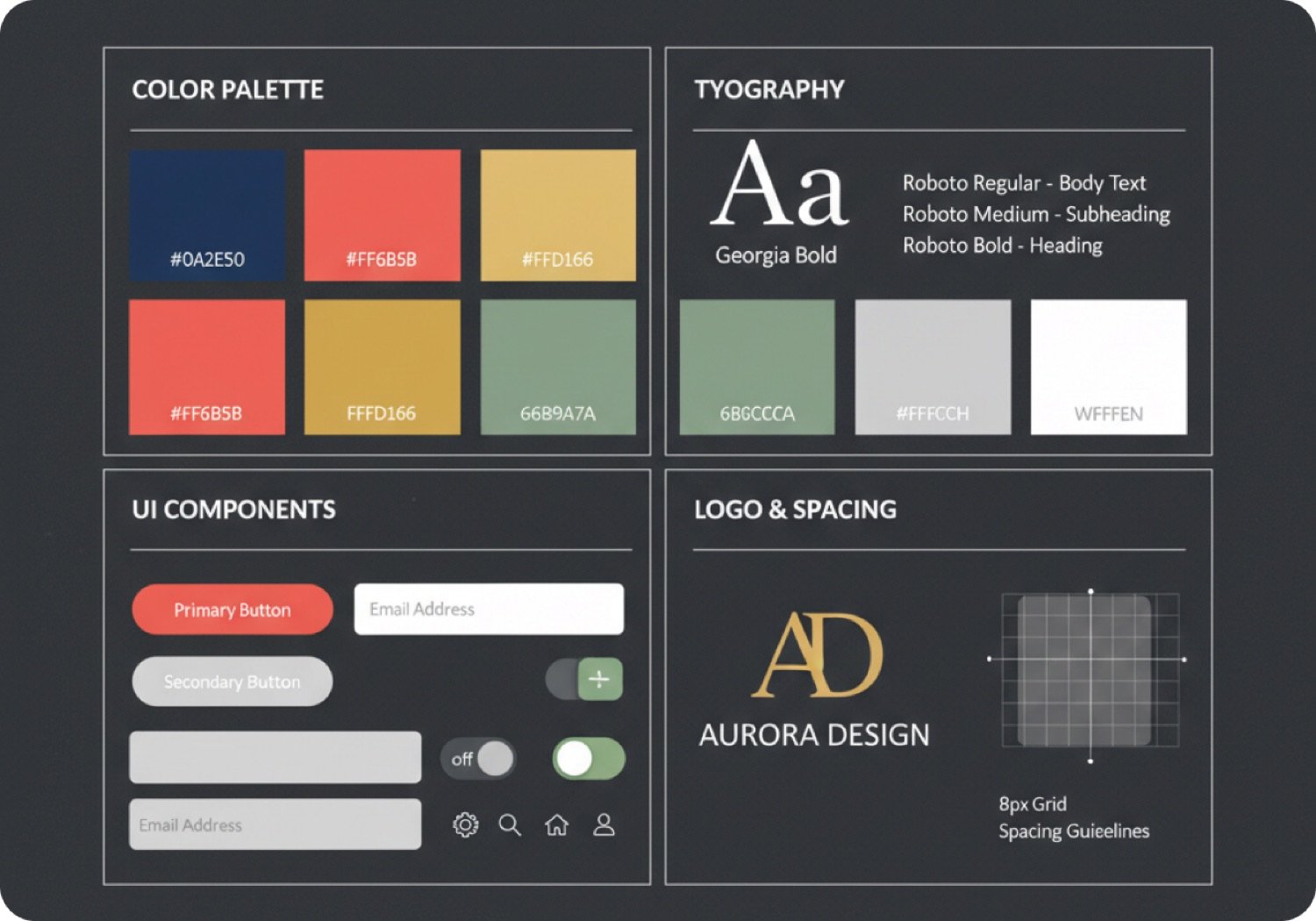 Brand design system board with colors, type and UI styles